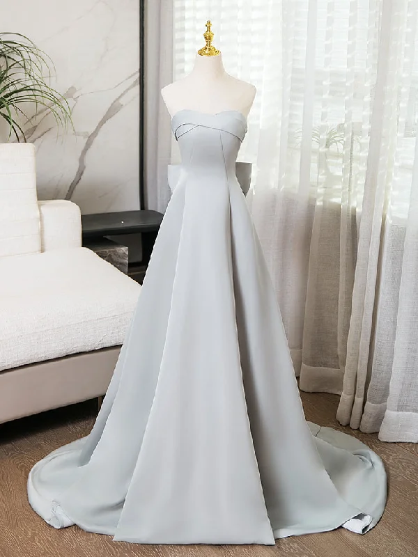 elegant prom dressesA-Line Sweetheart Neck Satin Gray Long Prom Dress, Gray Long Formal Dress