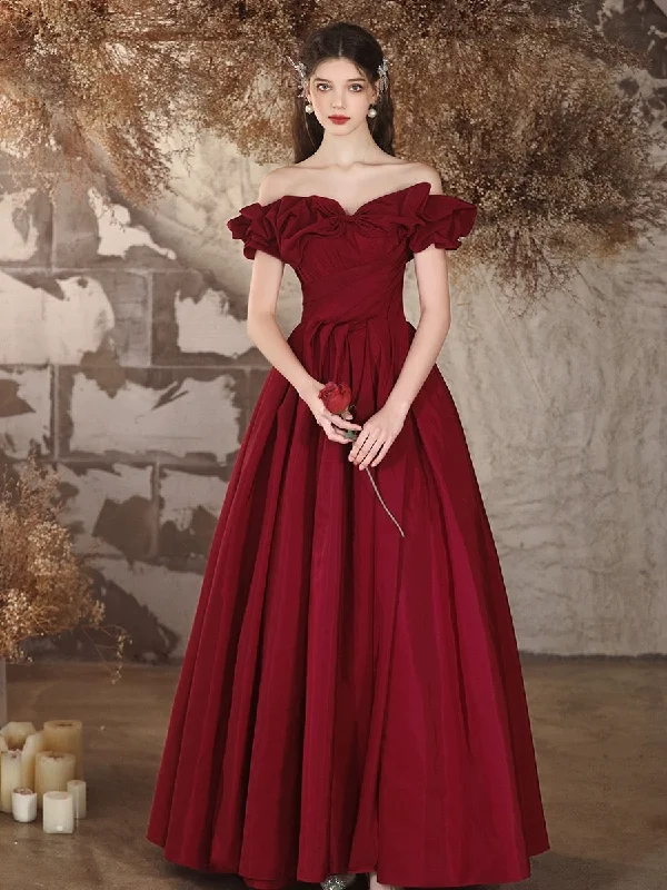 high-low prom dressesA-Line Off Shoulder Satin Burgundy Long Prom Dress, Burgundy Long Formal Dress