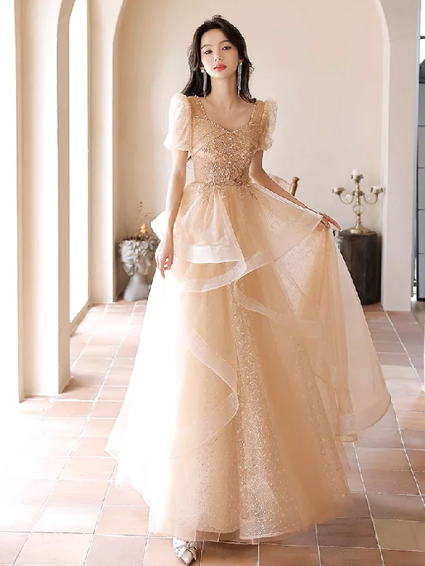 prom dresses with built-in petticoatsA-Line Champagne Tulle Lace Long Prom Dress, Champagne Long Formal Dress