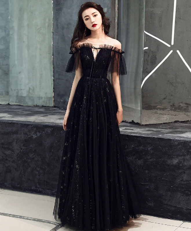 prom dresses for short girlsBlack Tulle Off Shoulder Long Prom Dress Black Formal Dress