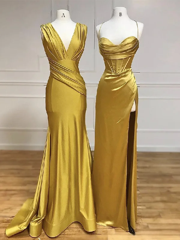 prom dress style guidesSimple Satin Gold Long Prom Dress, Gold Satin Long Formal Dress