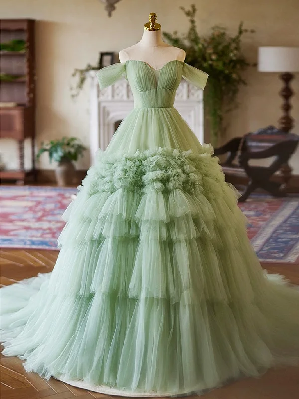 off-the-shoulder prom dressesA-Line off Shoulder Tulle Green Long Prom Dress, Green Sweet 16 Dress