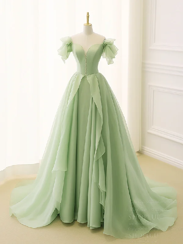 prom dresses with detachable sleevesA-Line Organza Green Long Prom Dress, Green Long Graduation Dress