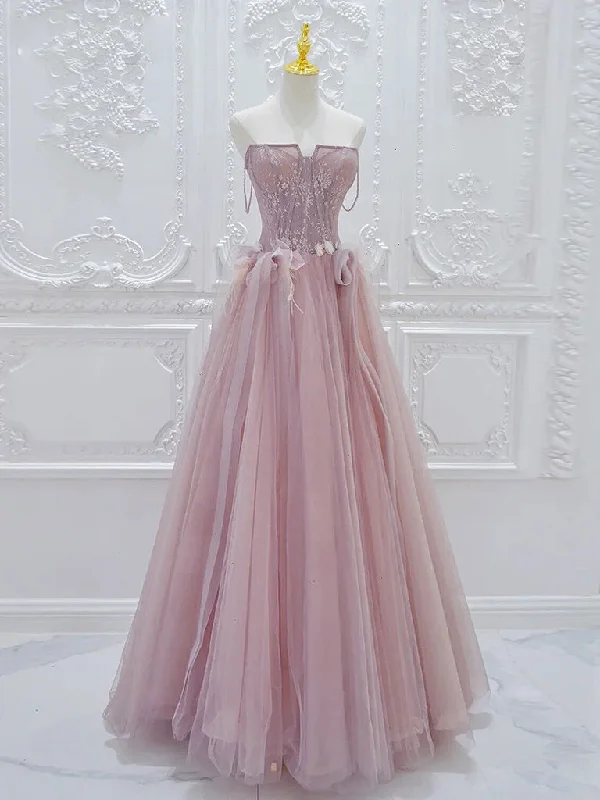 prom dresses for winterA-Line Tulle Lace Pink Long Prom Dress, Pink Tulle Lace Long Formal Dress