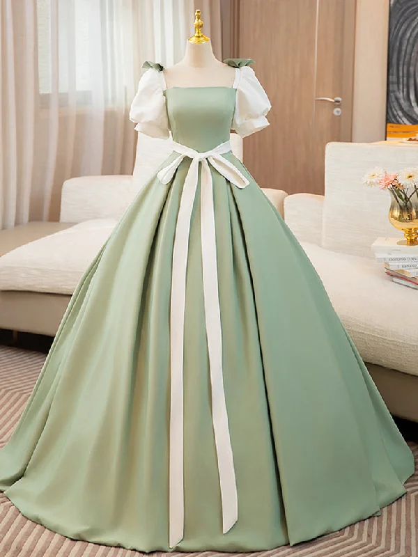 cap sleeve prom dressesPuff  Sleeves A-line Satin Green/White Long Prom Dress, Green Long Formal Dress