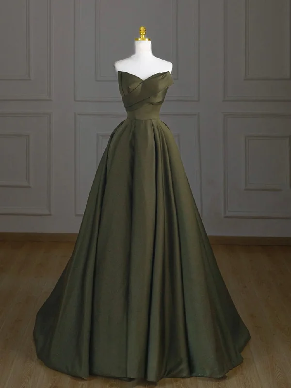 classic prom dressesA-Line V Neck Satin Green Long Prom Dress, Green Long Formal Dress