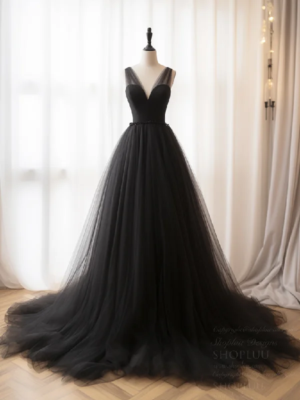 maxi prom dressesA- Line V Neck Tulle Black Long Prom Dress, Black Tulle Formal Dress