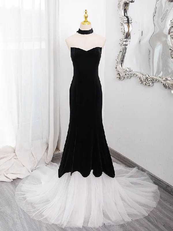 prom dress accessoriesMermaid Velvet Tulle Black Long Prom Dress, Black Long Formal Dress