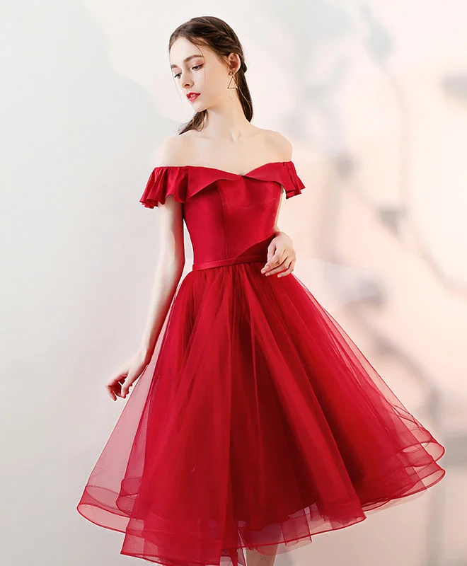 prom dresses for curve-hugging figuresAline Red Satin/Tulle Short Prom Dresses, Red Formal Homecoming Dresses