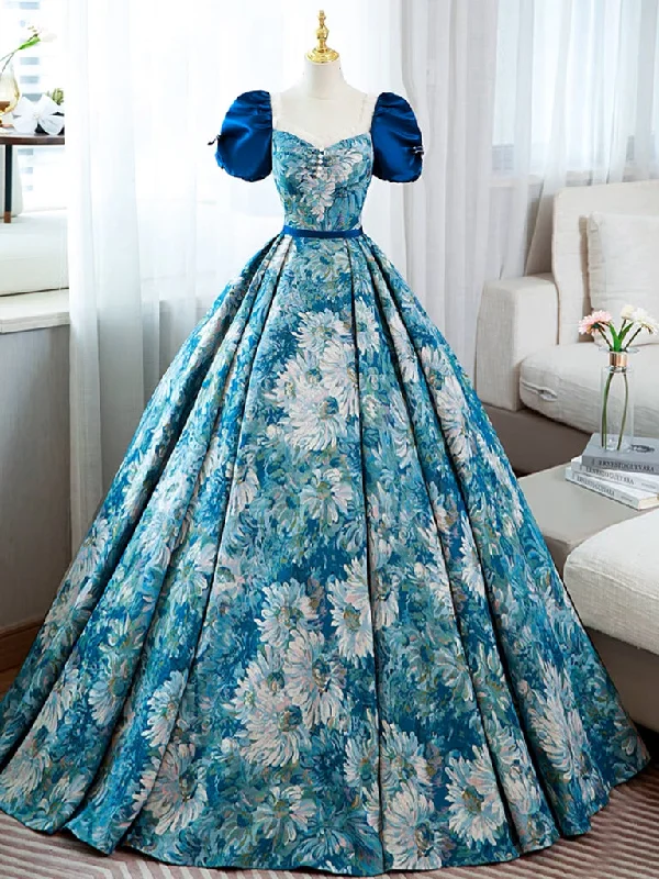 flutter sleeve prom dressesA-Line Puff Sleeves Satin Blue Long Prom Dress, Blue Long Formal Dress