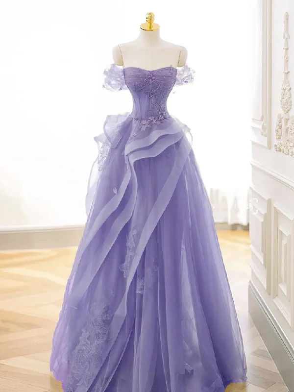 prom dresses for springA-Line Off Shoulder Tulle Lace Purple Long Prom Dress, Purple Lace Long Formal Dress