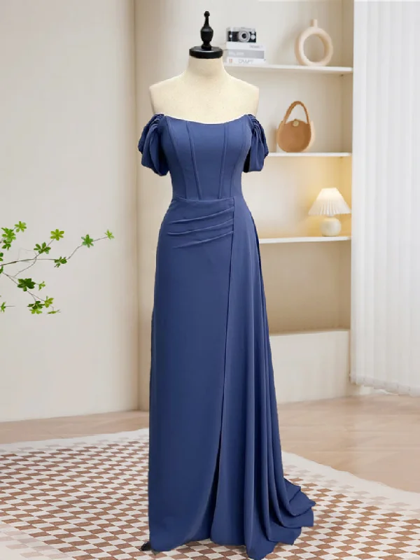 prom dresses for summerSimple Off Shoulder Gray Blue Long Prom Dress, Gray Blue Long Formal Dress