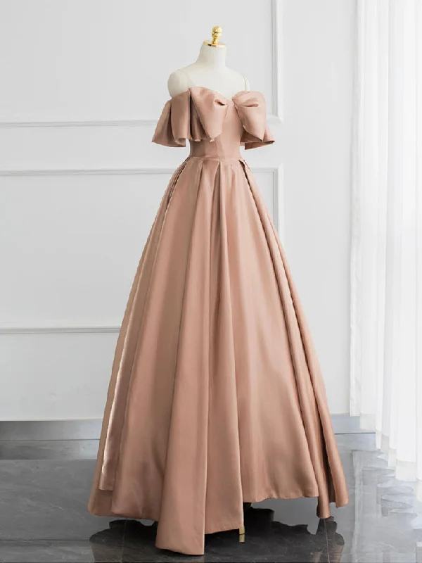 prom dress inspiration galleriesChampagne A-Line Off Shoulder Satin Long Prom Dress, Champagne Formal Dress