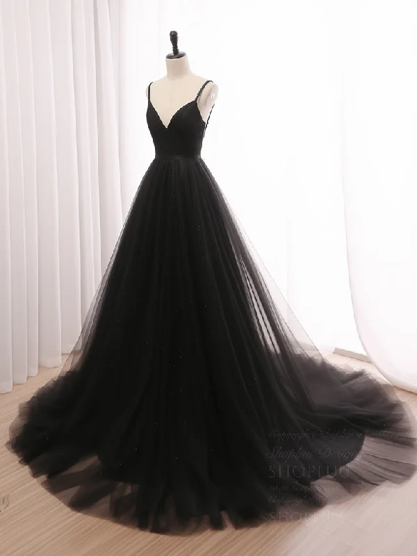 two-piece prom dressesA-Line V Neck Tulle Black Long Prom Dress, Black Long Formal Dress