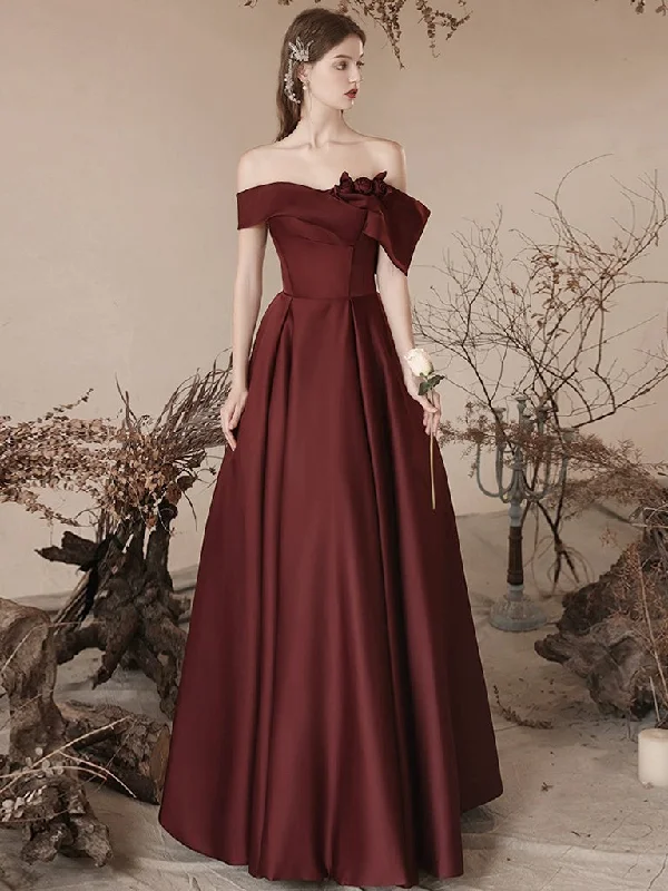 prom dress fitting adviceA-Line off Shoulder Satin Dark Burgundy Long Prom Dress, Satin Long Formal Dress