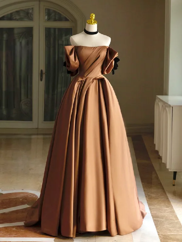 open-back prom dressesSimple A-Line  Satin Brown Long Prom Dress, Brown Long Formal Dress