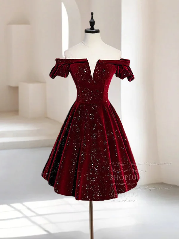 flowy prom dressesA-Line Off Shoulder Velvet Burgundy Short Prom Dress, Burgundy Homecoming Dress