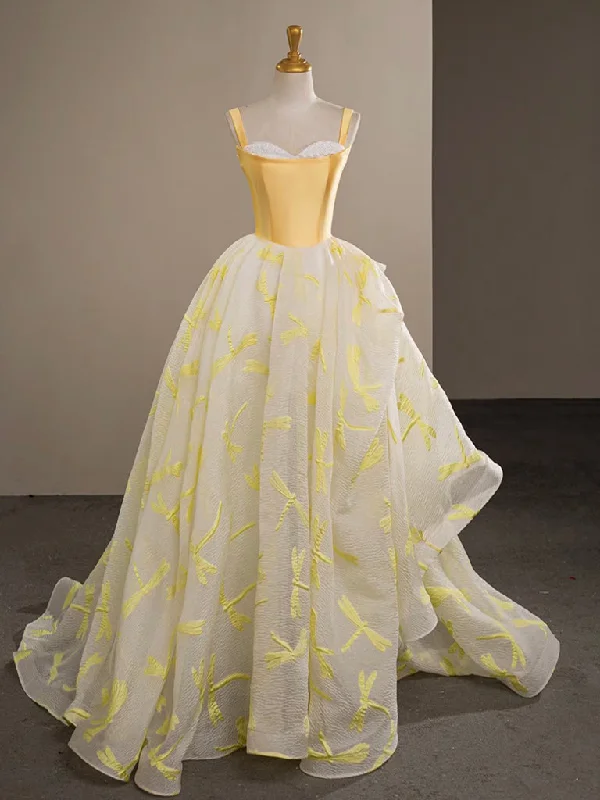 prom dresses for short girlsA-Line Satin Tulle Yellow Long Prom Dress, Yellow Graduation Dress