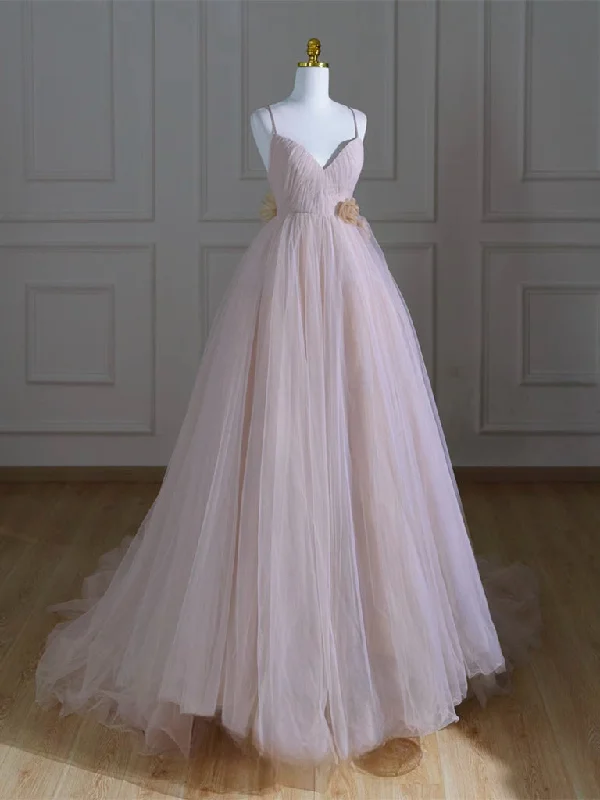 prom dresses with built-in petticoatsA-Line V Neck Tulle Pink Long Prom Dress, Pink Tulle Long Formal Dress