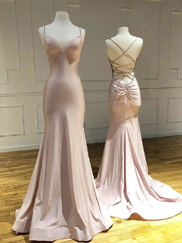 spaghetti strap prom dressesSimple V Neck Satin Pink Long Prom Dress, Pink Satin Long Formal Dress