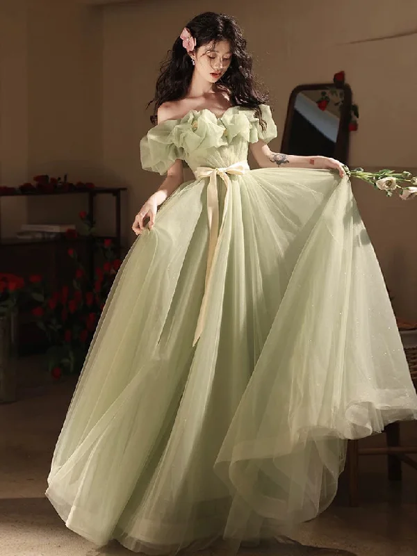 prom dress preservationA-Line Off Shoulder Tulle Green Long Prom Dress, Green Long Formal Dress