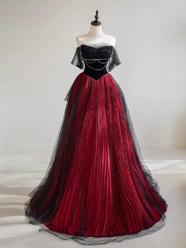 prom dress try-on ideasA-Line Off Shoulder Tulle Black/Burgundy Long Prom Dress