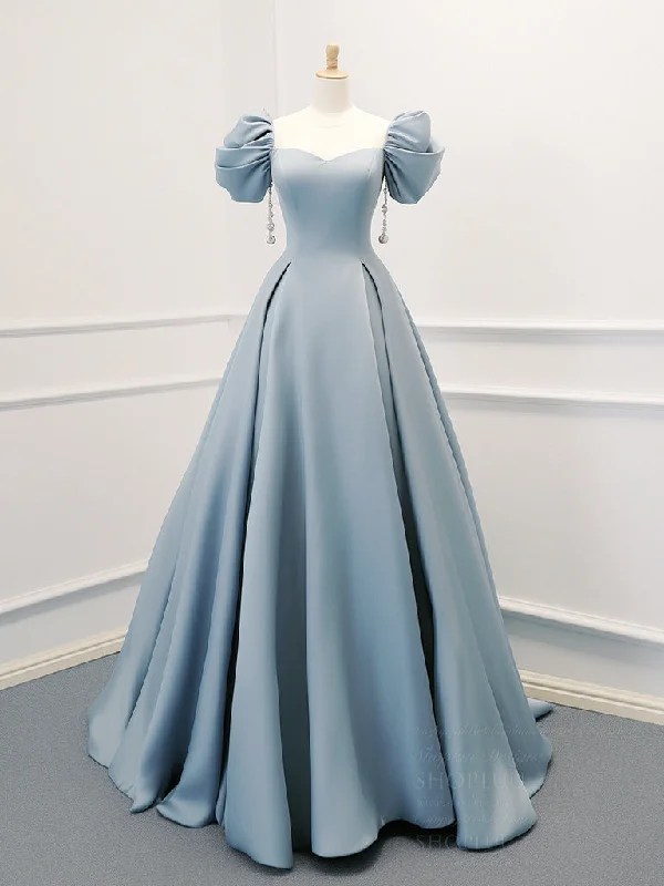 off-the-shoulder prom dressesA-Line Puff Sleeves Satin Blue Long Prom Dress, Blue Long Formal Dress