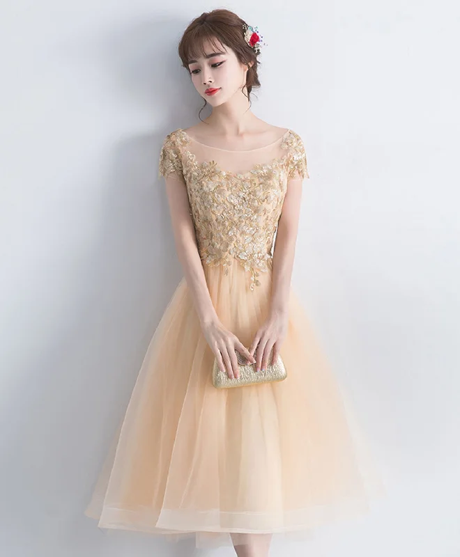 prom dresses for apple shapesChampagne Lace Short Prom Dress, Champagne Cute Homecoming Dress