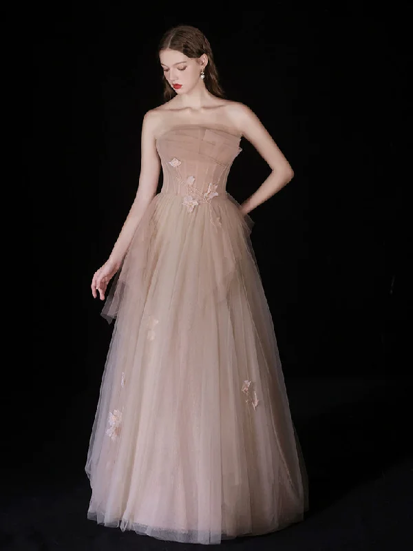 prom dresses for summerChampagne A-Line Tulle Long Prom Dress, Champagne Long Formal Dress