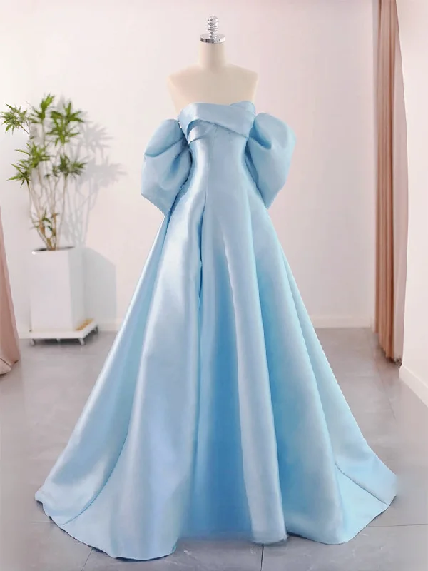 fitted prom dressesA-Line Sweetheart Neck Satin Blue Long Prom Dress, Blue Long Formal Dress