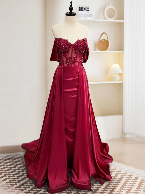 prom dress accessoriesBurgundy A-Line Off Shoulder Satin Lace Long Prom Dress, Burgundy Long Formal Dress