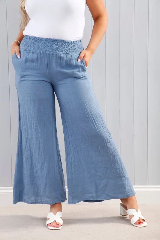 women's retro pantsLinen Palazzo Pants Denim Blue