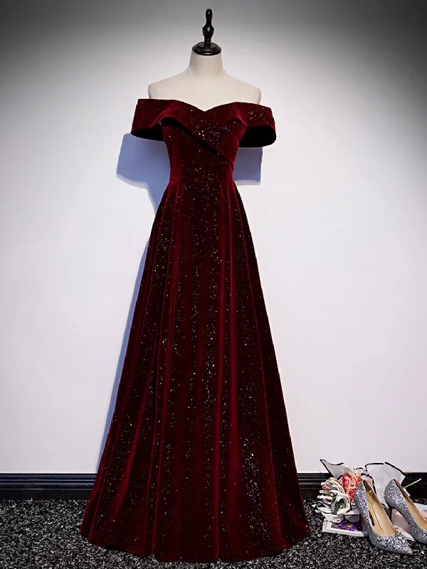 floral prom dressesA-Line Off  Shoulder Velvet Burgundy Long Prom Dress, Burgundy Long Formal Dress