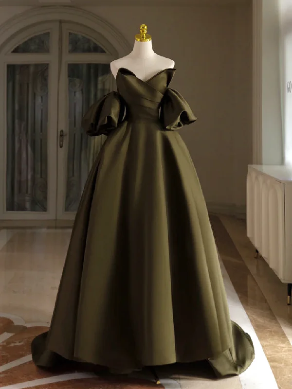 backless prom dressesA-Line Puff Sleeves Olive Green Satin Long Prom Dress, Olive Green Long Formal Dress