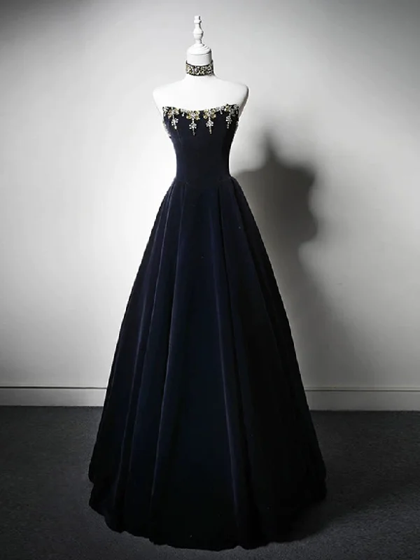 halter neck prom dressesSimple A-Line Velvet Dark Blue Long Prom Dress with Beads