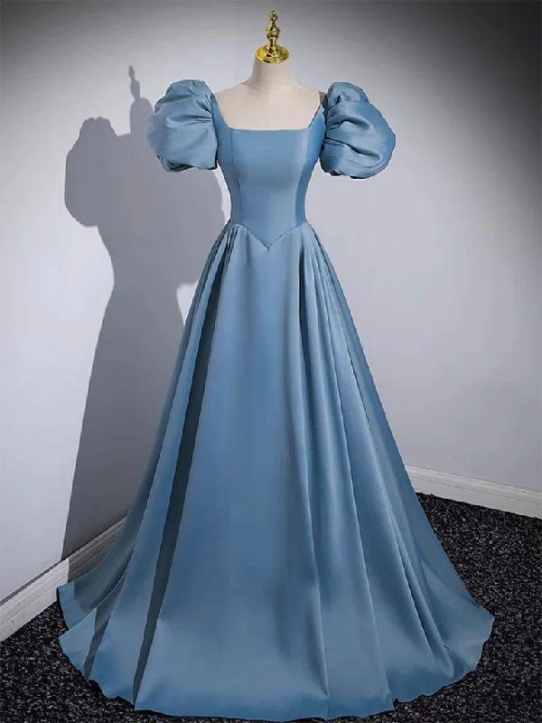 prom dresses with floral embroideryA-Line Puff Sleeves Satin Blue Long Prom Dress, Blue Long Formal Dress