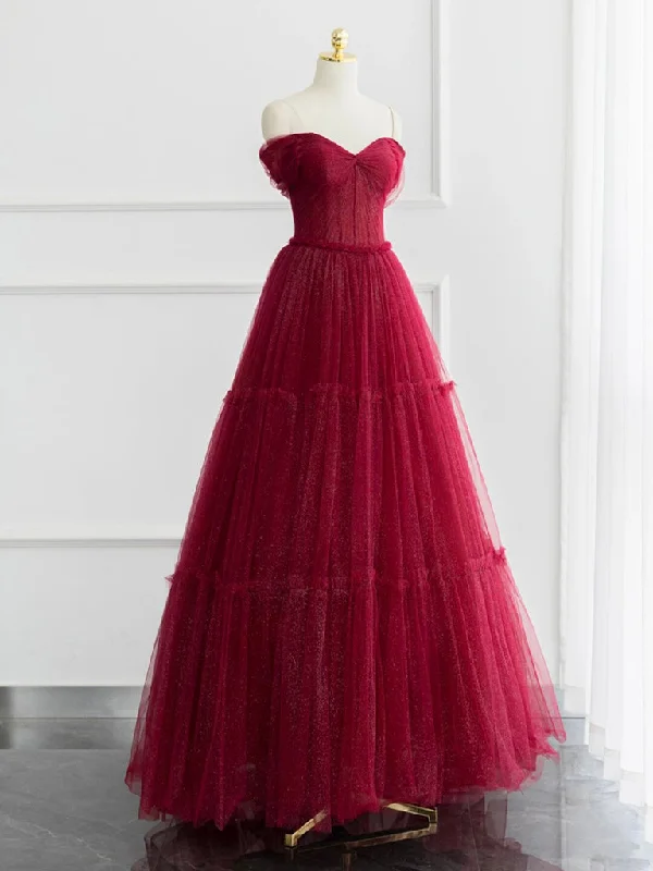 mermaid prom dressesA-line Off Shoulder Tulle Shiny Burgundy Long Prom Dress, Burgundy Long Formal Dress