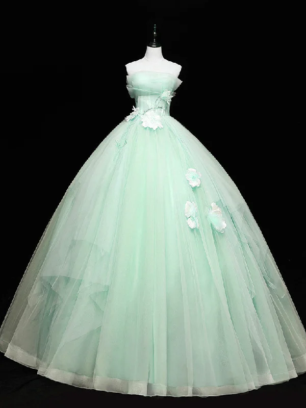 pastel prom dressesGreen Tulle Lace Applique Long Prom Dresses, Green Sweet 16 Dresses