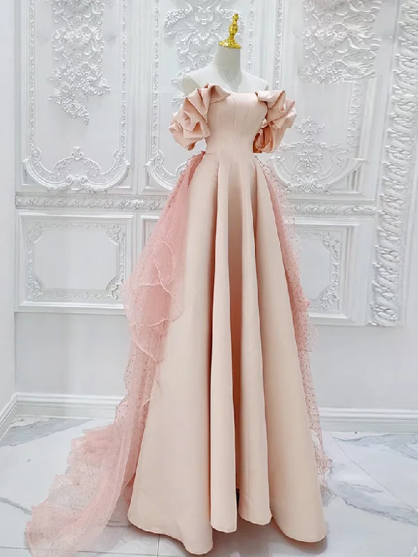 prom dresses with beaded accentsA-Line Off Shoulder Statin Tulle Pink Long Prom Dress, Pink Long Formal Dress