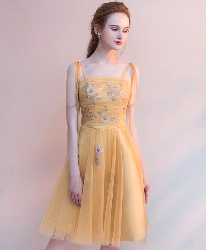 thigh-high slit prom dressesSimple Yellow Tulle Short Prom Dress, Yellow Homecoming Dress