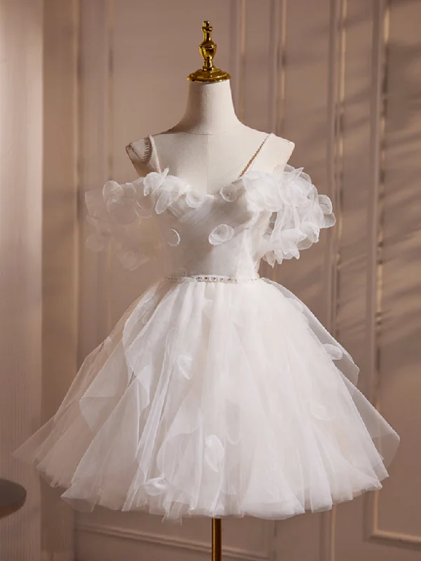 mini prom dressesA-Line Off Shoulder Tulle White Short Prom Dress, Cute White Homecoming Dress