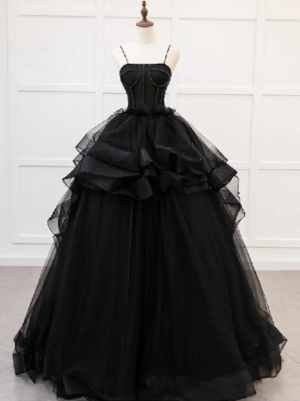 illusion neckline prom dressesA-Line Tulle Beads Black Long Prom Dress, Black Sweet 16 Dress