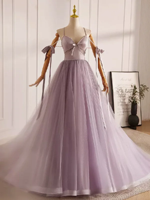 prom dress try-on ideasA-Line V Neck Tulle Beads Purple Long Prom Dress, Purple Long Formal Dress