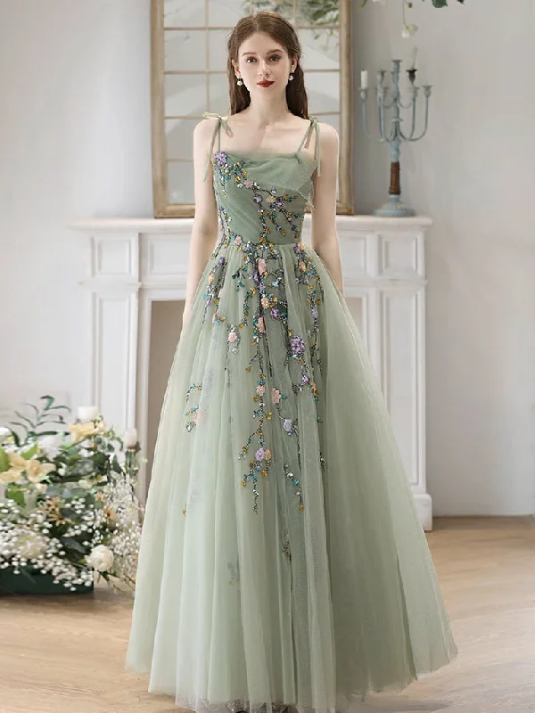 chiffon prom dressesA-Line Tulle Sequin Lace Green Long Prom Dress, Green Long Formal Dress