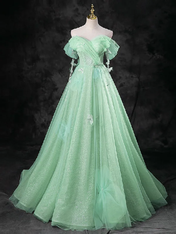 prom dresses with trainsGreen A-Line Off Shoulder Tulle Long Prom Dress, Green Long Formal Dress