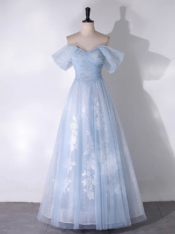 vintage prom dressesA-Line Off Shoulder Tulle Lace Blue Long Prom Dress, Blue Long Formal Dress