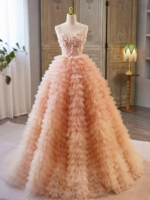 prom dresses for fallUnique V Neck Tulle Sequin Orange Pink Long Prom Dress, Orange Pink Sweet 16 Dress