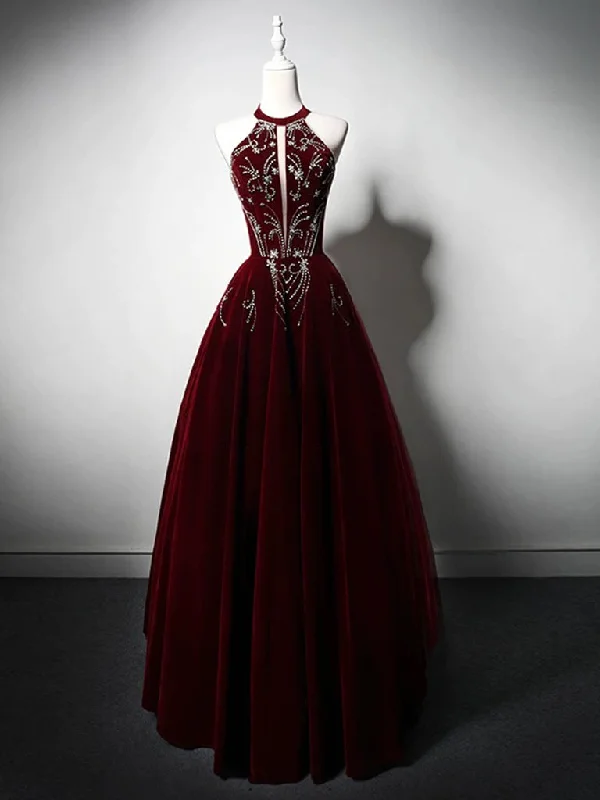 long prom dressesA-Line Velvet Sequin Beads Burgundy Long Prom Dress, Burgundy Long Formal Dress