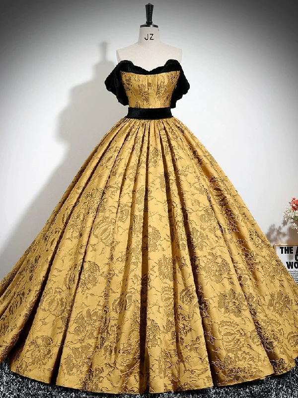 sparkly prom dressesA-Line Off Shoulder Satin Gold Long Prom Dress, Gold Long Formal Dress