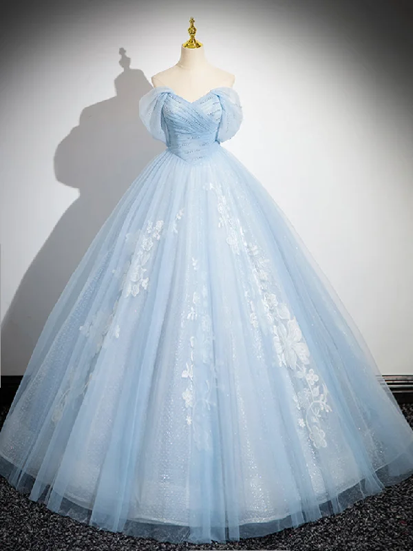 prom dress shopping tipsA-Line Tulle Lace Blue Long Prom Dress, Off Shoulder Blue Long Sweet 16 Dress